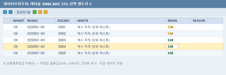 테이블 조회 - 변환종료점검 미체크 (원본값)
